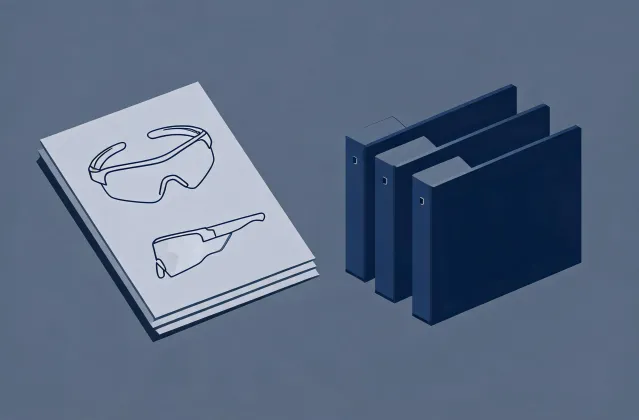 Illustration of a shooting glasses specification brief handing off to quotation folders